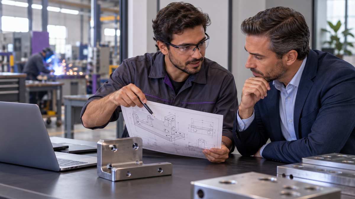 Equipe profissional de empresas metalúrgicas conversando e organizando uma oportunidade comercial.