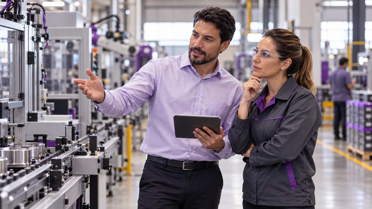 Equipe profissional de empresas de automação industrial conversando e organizando uma oportunidade comercial.