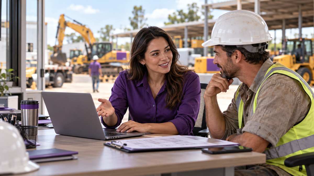 Equipe profissional de locadoras de máquinas e equipamentos conversando e organizando uma oportunidade comercial.