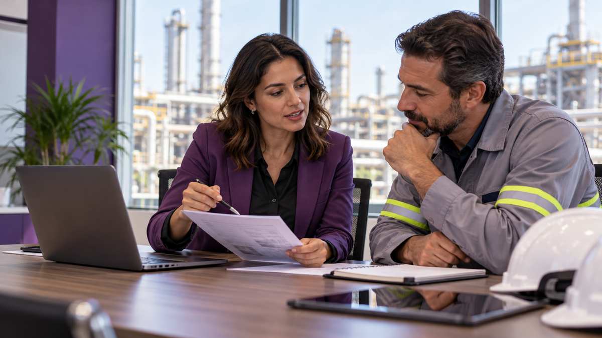 Equipe profissional de empresas de manutenção industrial conversando e organizando uma oportunidade comercial.