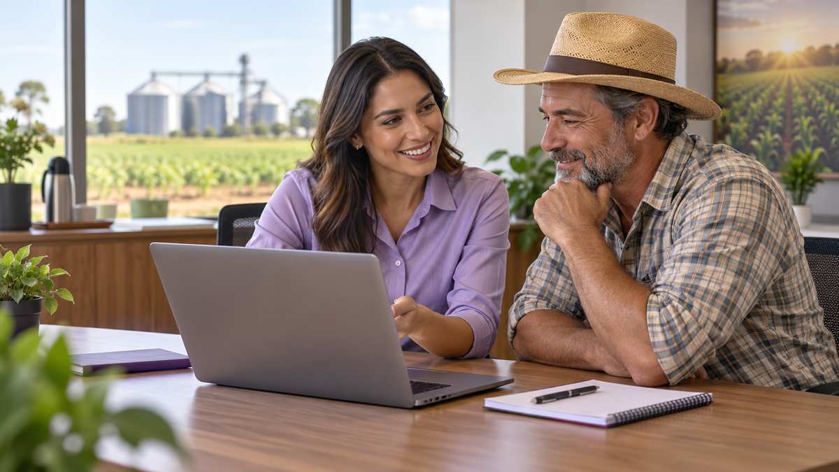 Equipe profissional de cooperativas agropecuárias conversando e organizando uma oportunidade comercial.
