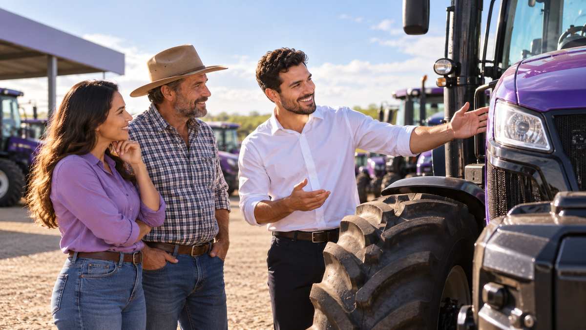 Equipe profissional de revendas de máquinas agrícolas conversando e organizando uma oportunidade comercial.
