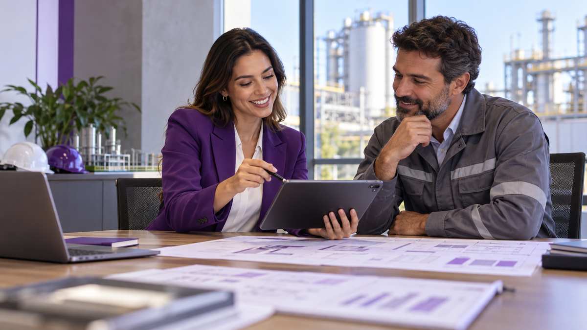 Equipe profissional de concessionárias de energia conversando e organizando uma oportunidade comercial.