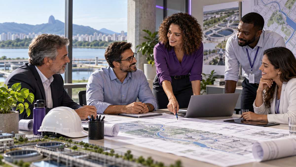 Equipe profissional de empresas de saneamento conversando e organizando uma oportunidade comercial.