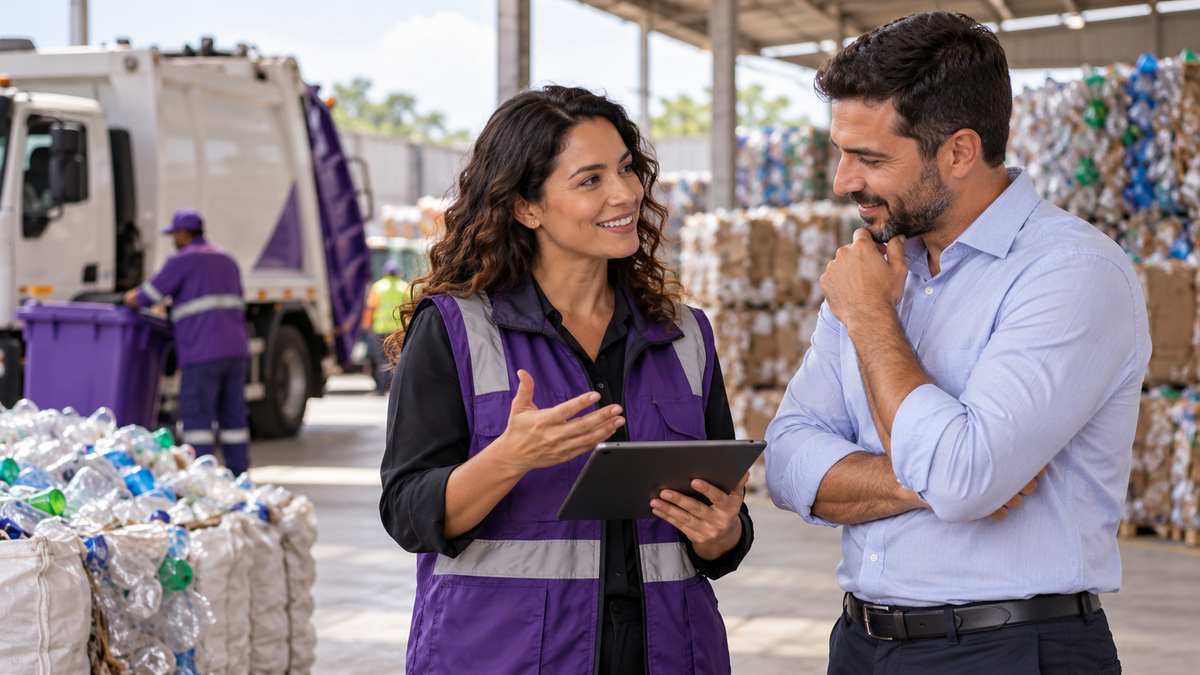 Equipe profissional de empresas de gestão de resíduos conversando e organizando uma oportunidade comercial.