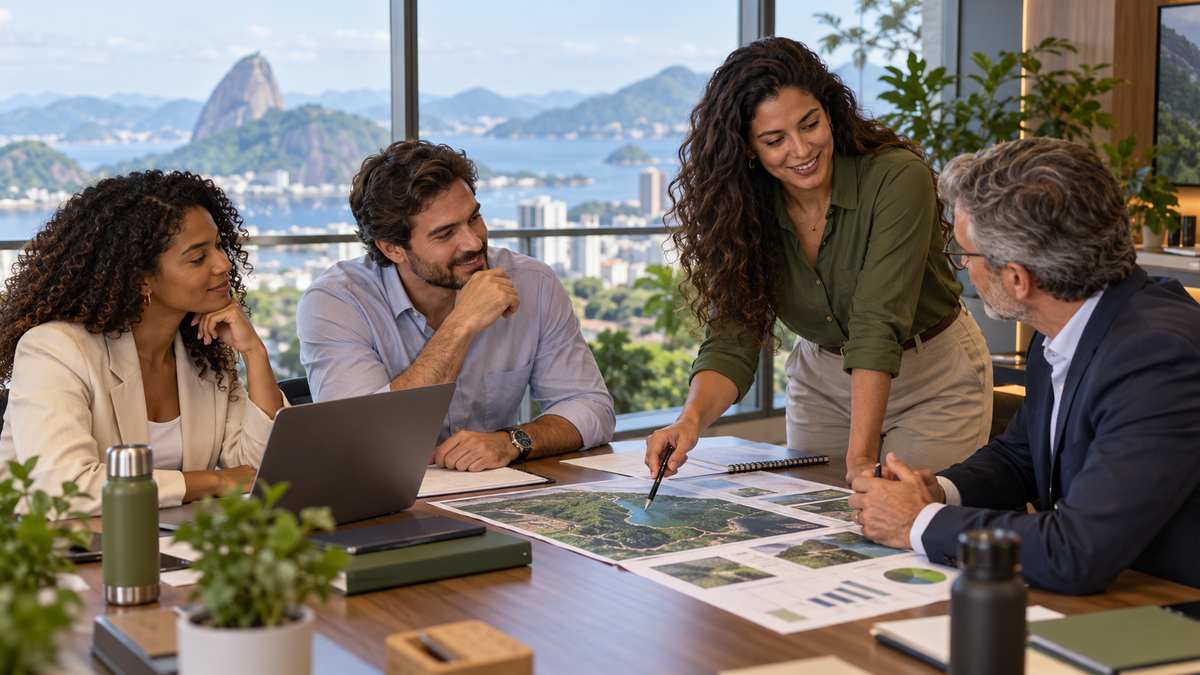 Equipe profissional de consultorias ambientais conversando e organizando uma oportunidade comercial.