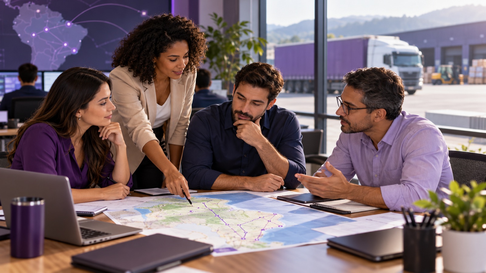 Equipe de logística analisa uma rota e conversa sobre uma cotação de transporte.